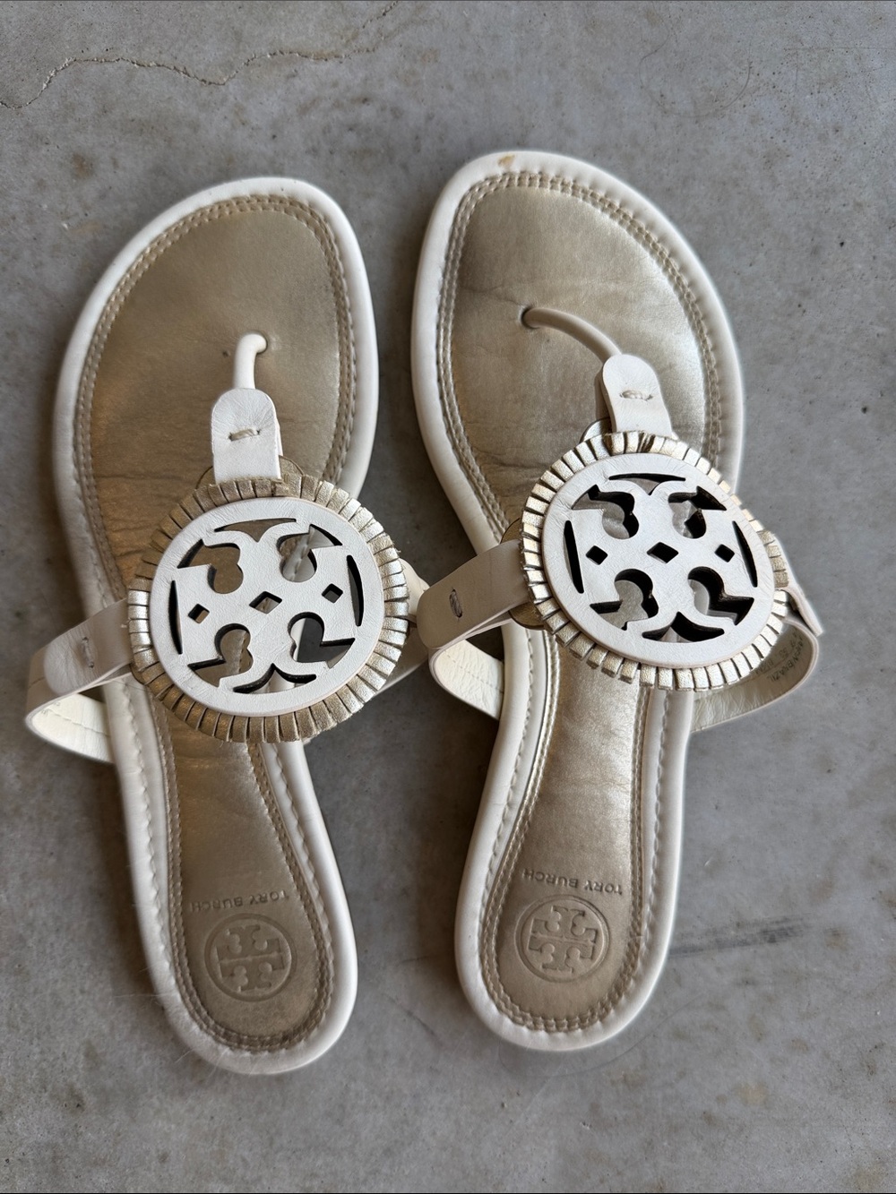 Tory Burch Cream Leather Miller Logo Thong Sandals